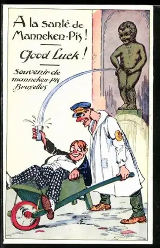 AK Bruxelles, Trinker fängt Wasser vom Manneken-Pis in einem Glas auf, Toilettenhumor