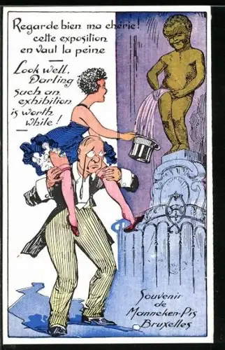 AK Frau sitzt auf den Schultern ihres Mannes, um Wasser als Souvenir mitzunehmen