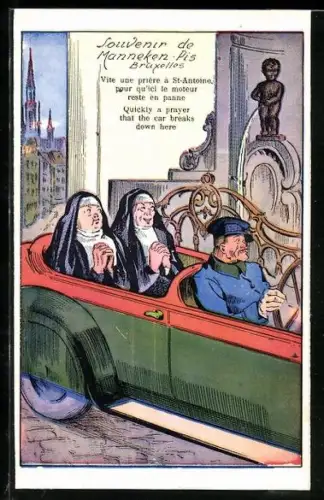 Künstler-AK Brüssel, Nonnen fahren in einem Auto am Manneken Pis vorbei