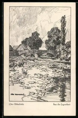 Künstler-AK Ubbelohde: Aus der Jugendzeit, Brückenpartie mit Bachlauf