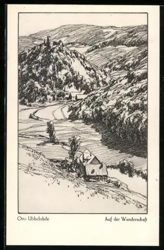 Künstler-AK Otto Ubbelohde: Aus der Wanderschaft, Landschaft mit Hügeln und Häusern