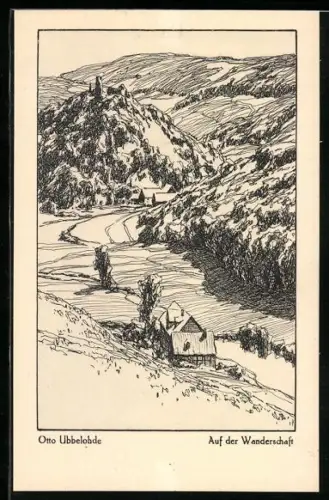 Künstler-AK Otto Ubbelohde: Aus der Wanderschaft, Landschaft mit Hügeln und Häusern