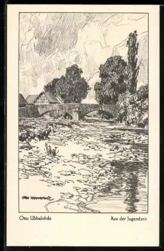 Künstler-AK Ubbelohde: Aus der Jugendzeit, Brückenpartie mit Bachlauf