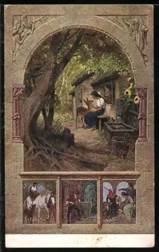 Künstler-AK P. Hey: Brüderchen und Schwesterchen, Mädchen mit Reh