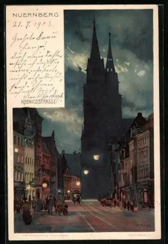 Künstler-AK Karl Mutter: Nürnberg, Koenigsstrasse am Abend
