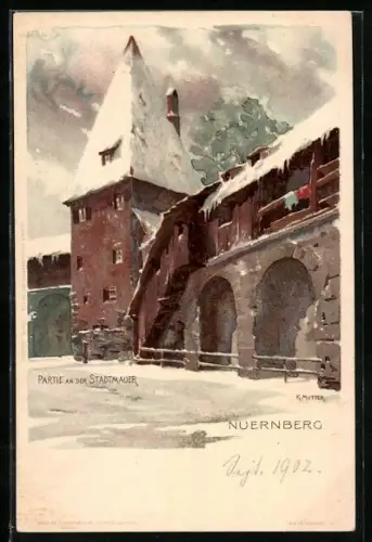 Künstler-AK K. Mutter: Nürnberg, Stadtmauerpartie im Winter