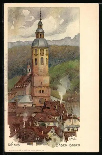 Künstler-AK K. Mutter: Baden-Baden, Kath. Kirche von Wohnhäusern umgeben