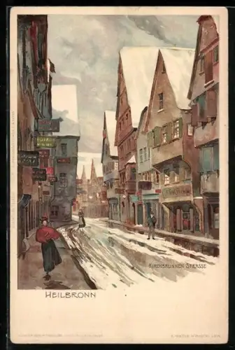 Künstler-AK Heilbronn, Kirchbrunnenstrasse mit Geschäften im Winter