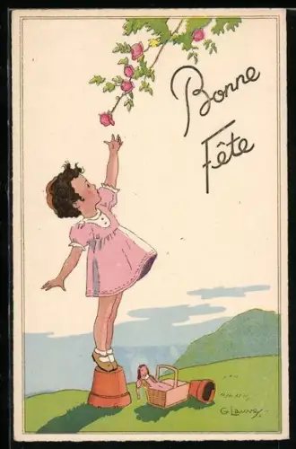 Künstler-AK G. Lauvey: Ein Mädchen reckt sich zu den Rosen hoch, Korb mit Puppe