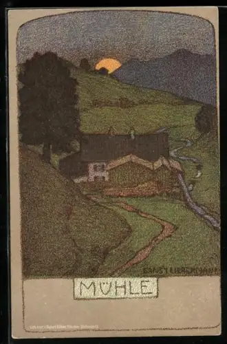 Künstler-AK Ernst Liebermann: Mühle im Sonnenuntergang