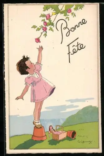 Künstler-AK G. Lauvey: Ein Mädchen reckt sich zu den Rosen hoch, Korb mit Puppe