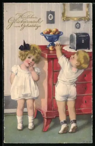 Künstler-AK M. S. M.: Kleines Paar versucht, sich an Äpfeln zu bedienen, Geburtstagsgruss