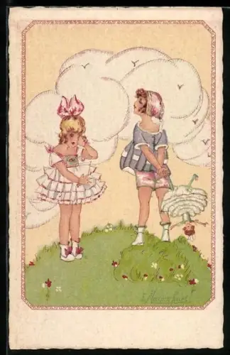 Künstler-AK Erna Maison-Kurt: Zwei Mädchen streiten sich um eine Puppe