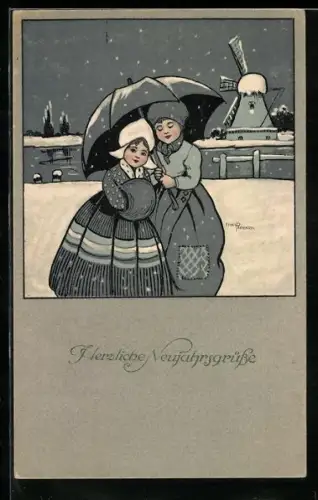 Künstler-AK Ethel Parkinson: Glückliches Neujahr!, Kinder in holländischer Tracht mit Windmühle