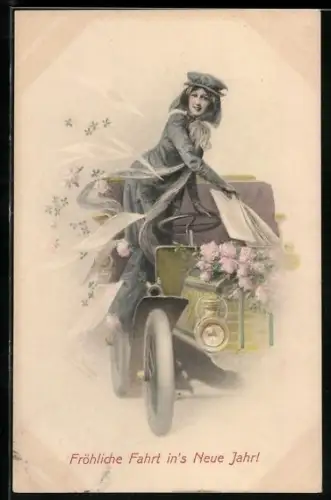 Künstler-AK Wichera: Fröhliche Fahrt in`s Neue Jahr!, Dame in Automobil