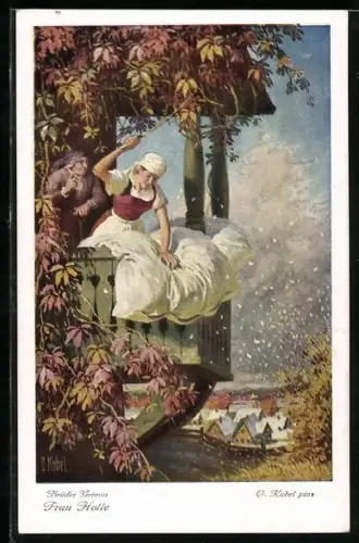 Künstler-AK Otto Kubel: Frau Holle, Mädchen schüttelt Bett aus