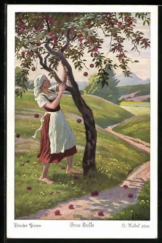 Künstler-AK Otto Kubel: Märchen Frau Holle, Goldmarie schüttelt den Apfelbaum