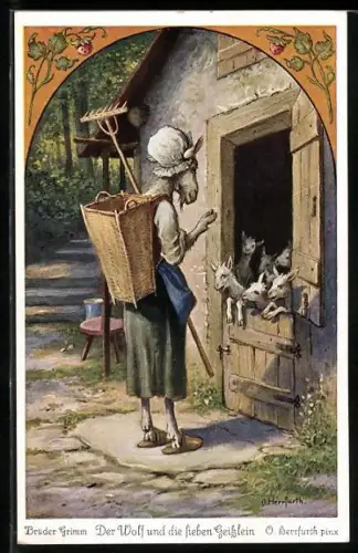 Künstler-AK Oskar Herrfurth: Szene aus dem Märchen Der Wolf und die sieben Geisslein