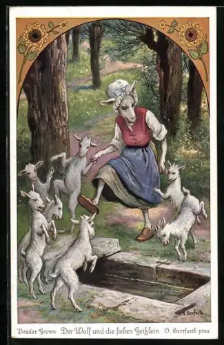 Künstler-AK Oskar Herrfurth: Brüder Grimm, Der Wolf und die sieben Geisslein Nr. 6, Geisslein sind befreit