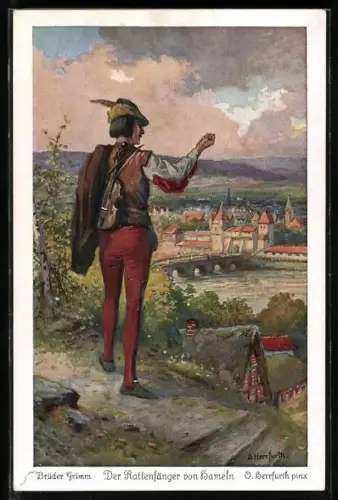 Künstler-AK Georg Mühlberg: Der Rattenfänger von Hameln droht der Stadt