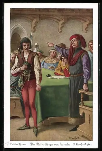 Künstler-AK Oskar Herrfurth: Der Rattenfänger von Hameln, die Bürger verweigern ihm den Lohn