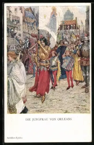 Künstler-AK M. Munk Nr. 1113: Jeanne d`Arc / Johanna von Orleans, Die Jungfrau von Orleans in Rüstung