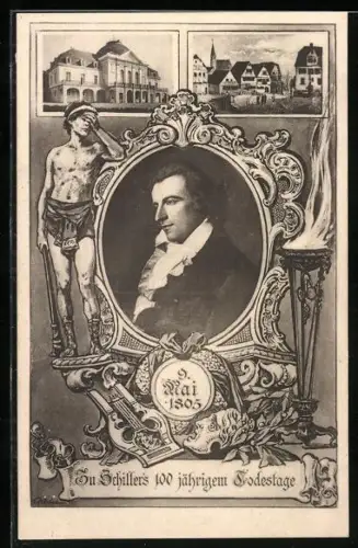 Künstler-AK Friedrich v. Schiller im Portrait, Erinnerung an seinen 100jährige Geburtstagsfeier