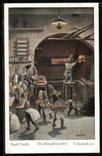 Künstler-AK Oskar Herrfurth: Die Heinzelmännchen, Beim Bäckermeister war nicht Not..., Märchen