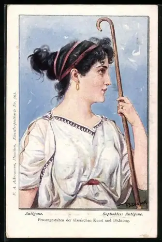 Künstler-AK Franz Doubek: Jugendstil Karte mit Antigone in griechischem Gewand mit Stab