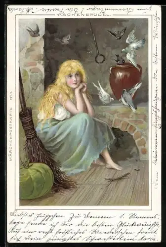 Lithographie Aschenbrödel sitzt mit ihren Vögeln zusammen