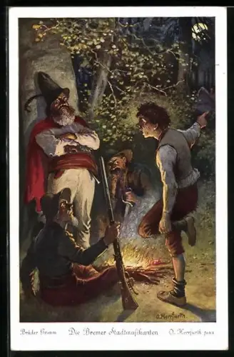 Künstler-AK C. Öhler: Die Bremer Stadtmusikanten, die Räuber sitzen am Lagerfeuer