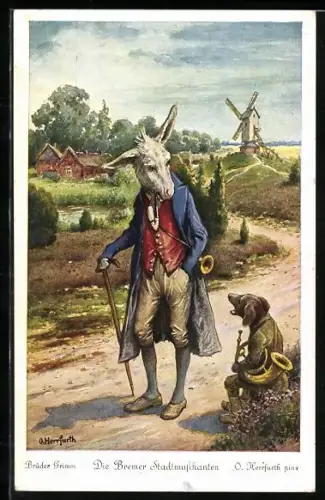 Künstler-AK Oskar Herrfurth: Brüder Grimm's Märchen, Die Bremer Stadtmusikanten, Esel trifft auf Hund