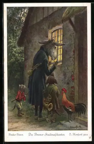 Künstler-AK Oskar Herrfurth: Nr. 3, Die Bremer Stadtmusikanten schauen durchs Fenster in das Räuberhaus