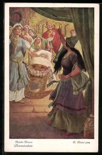 Künstler-AK Otto Kubel: Dornröschen, Königspaar und andere Typen schrecken vor Hexe zurück