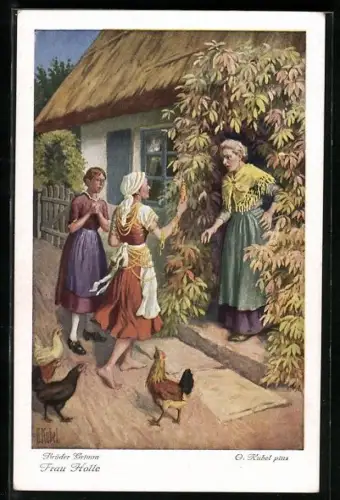 Künstler-AK Otto Kubel: Frau Holle, Goldmarie kommt wieder nachhause