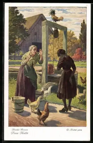 Künstler-AK Otto Kubel: Frau Holle, Die Tochter kommt mit Pech gegossen nachhause