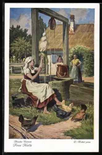 Künstler-AK Otto Kubel: Frau Holle, Goldmarie spinnt am Brunnen