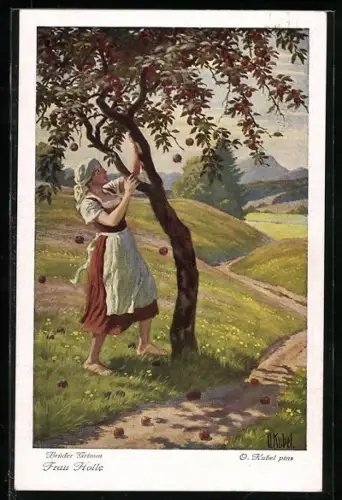 Künstler-AK Otto Kubel: Brüder Grimm, Frau Holle, Die reifen Äpfel werden geerntet