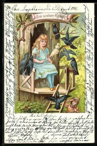 Lithographie Die sieben Raben, Märchen