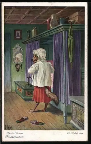 Künstler-AK Otto Kubel: Szene aus dem Märchen Rotkäppchen, Der böse Wolf verkleidet sich als Grossmutter