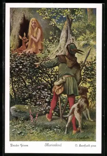 Künstler-AK Oskar Herrfurth: Marienkind, König findet auf der Jagd ein Mädchen im Wald
