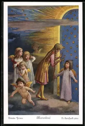 Künstler-AK Oskar Herrfurth: Brüder Grimms Marienkind: 3. Als die Jungfrau weggegangen war...