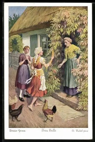 Künstler-AK Otto Kubel: Frau Holle, Goldmarie kommt wieder nachhause