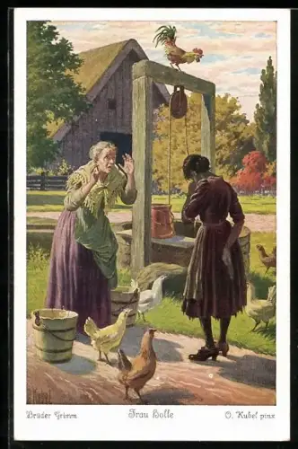 Künstler-AK Otto Kubel: Frau Holle, Die Tochter kommt mit Pech gegossen nachhause