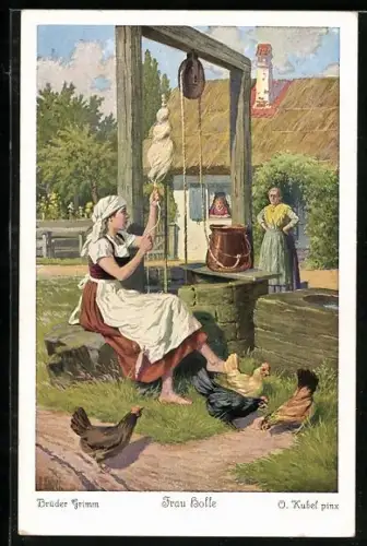 Künstler-AK Otto Kubel: Frau Holle, Die schöne Tochter am Brunnen beim spinnen