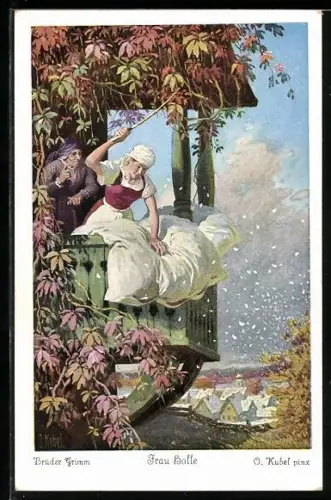 Künstler-AK Otto Kubel: Frau Holle, Mädchen schüttelt Kissen aus