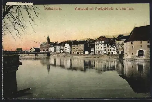 AK Solothurn, Aarequai mit Postgebäude und Landhaus