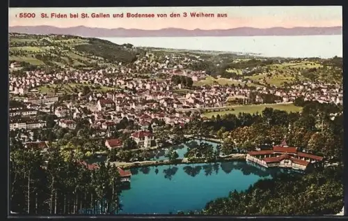 AK St. Fiden bei St. Gallen, Ortsansicht mit Bodensee von den 3 Weihern aus