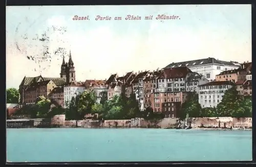 AK Basel, Partie am Rhein mit Münster