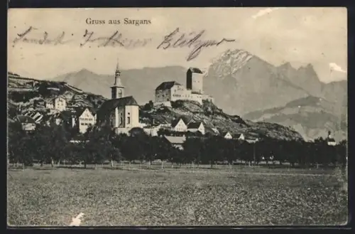 AK Sargans, Ortsansicht mit Bergpanorama